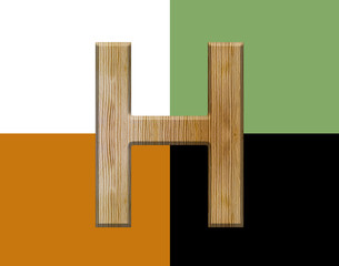 CLASSIC FONT or LETTER and colour design of ALPHABET H  in wood texture natural style