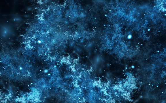 Abstract fractal, blue cosmic nebula, dark background