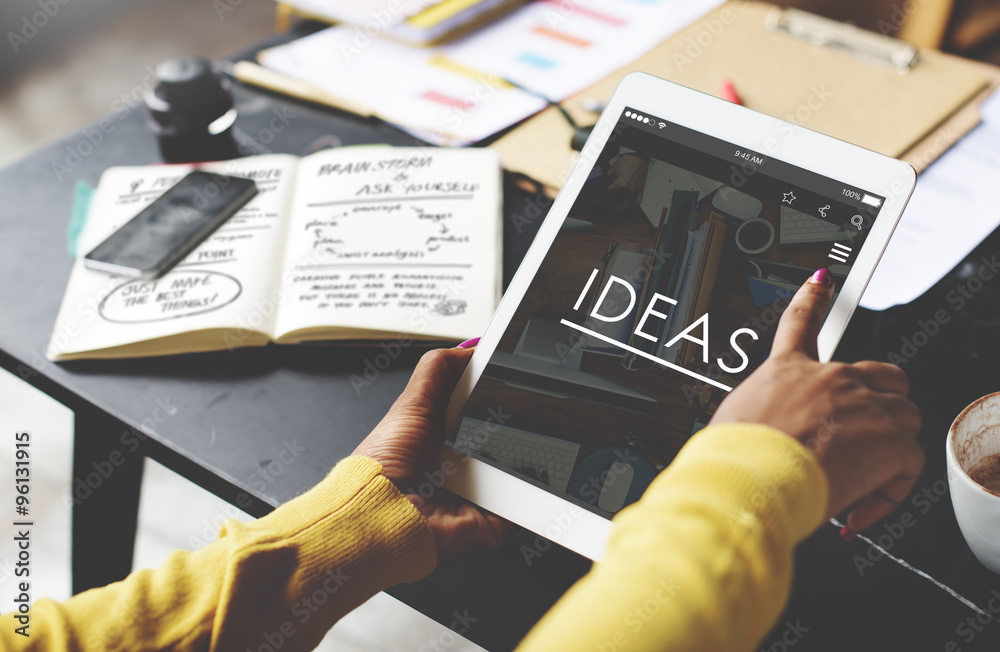 Poster ideas working using tablet technology thinking concept