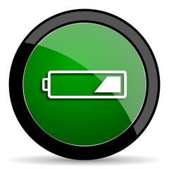 battery green web glossy icon with shadow on white background