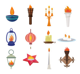 Flat style candles and flames vector collection