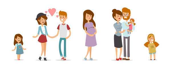 Small girl, adult boy and girl couple, pregnant woman in love, modern family families with kid