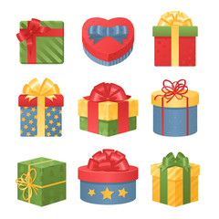 Colorful 3d gift boxes with bows and ribbons vector set