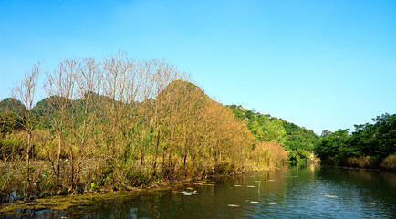 Yen stream on the way to Huong pagoda in autumn, Hanoi, Vietnam. Vietnam landscapes.