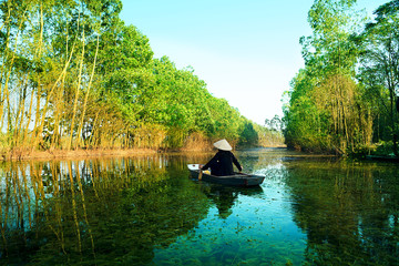 Fototapeta na wymiar Yen stream on the way to Huong pagoda in autumn, Hanoi, Vietnam. Vietnam landscapes.