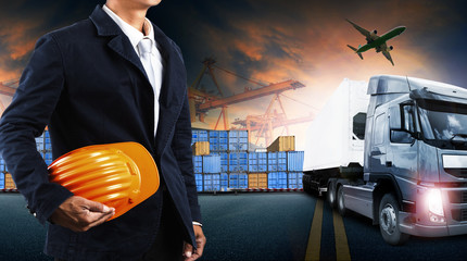 container truck ,ship in port and freight cargo plane in transpo