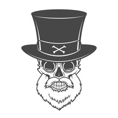 Head hunter skull with beard, hat and glasses vector. Victorian Rover logo template. Bearded old man t-shirt design