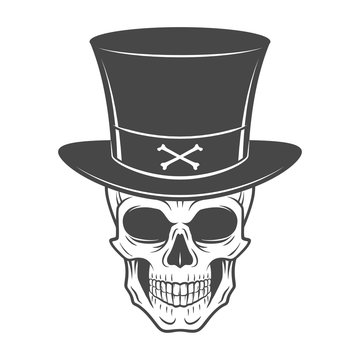 Steampunk skeleton with high hat. Smiling victorian bandit logo template. Wanted die or alive portrait. High way man t-shirt design