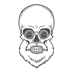 Evil Bearded Jolly Roger with glasses logo template. Old biker t-shirt design. Rock and roll insignia concept