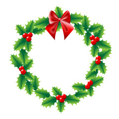 Holly Christmas wreath with bow red ribbon. Vector illustration decorated for Christmas.
