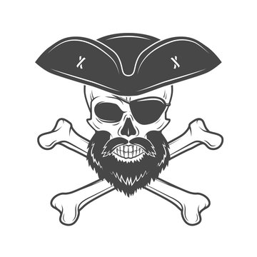 Pirate skull in cocked hat with beard, eye patch and crossed bones vector. Edward Teach portrait. Corsair logo template. Filibuster t-shirt insignia design