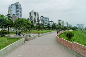 People enjoy a park in Miraflores district of Lima, Peru.
