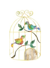 鳥のつがい、鳥かご入り