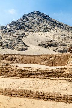 Archeological site Huaca del Sol y de la Luna (Temple of the Sun and the Moon) in Trujillo, Peru. Site was built in Moche period.