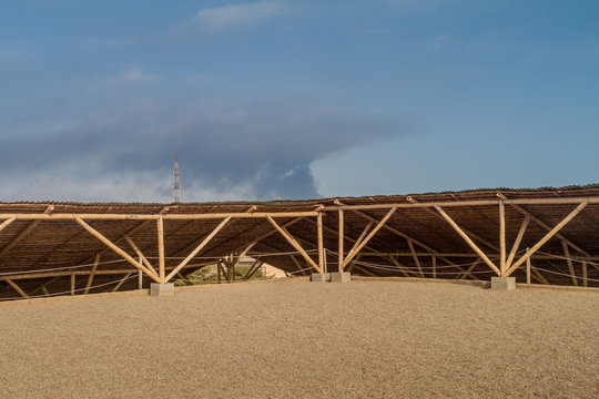 Protective roofs at archeological site Huaca Arco Iris (Rainbow Temple) in Trujillo, Peru