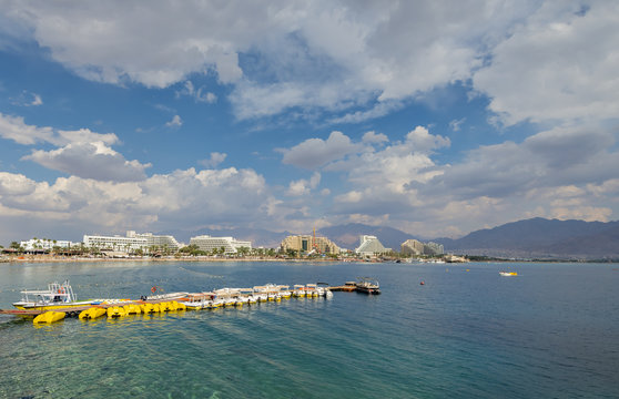 Eilat is a famous resort Israeli city with beautiful beaches, resort hotels and numerous spots of water sport, entertainments and shopping