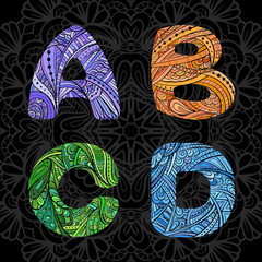 Ethnic hand drawn letters A, B, C, D