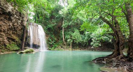 Deep forest waterfall at Erawan waterfall National Park Kanchana