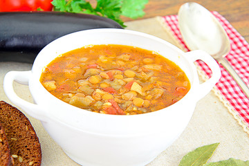 Lentil Soup with Eggplant, Tomatoes and Onions.