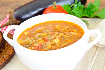 Lentil Soup with Eggplant, Tomatoes and Onions.