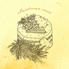 Christmas cake, the linear graphic on a sepia background, vector illustration