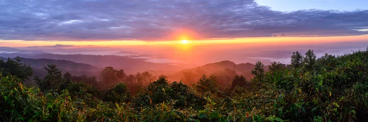 Room darkening curtains Dawn Panoramic view of sunrise with mist and mountain at Doi Pha Hom Pok  in Chiang Mai, Thailand.