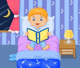 Obraz na płótnie Canvas Cartoon lttle boy reading bed time story