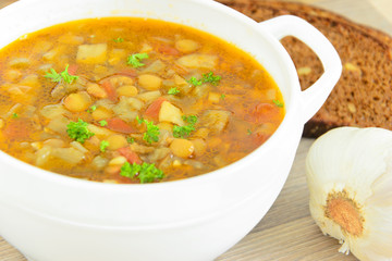 Lentil Soup with Eggplant, Tomatoes and Onions.
