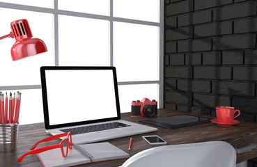 3D illustration laptop and work stuff on table near brick wall, Workspace