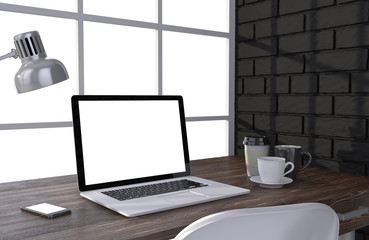 3D illustration laptop and work stuff on table near brick wall, Workspace