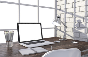 3D illustration laptop and work stuff on table near brick wall, Workspace