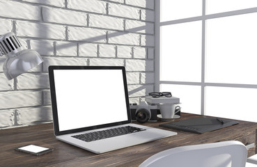 3D illustration laptop and work stuff on table near brick wall, Workspace