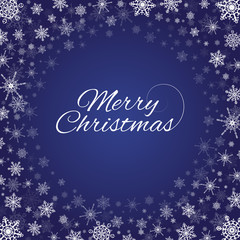 Vector deep blue square background with frame of elegant gold snowflakes and script type text: Merry Christmas.