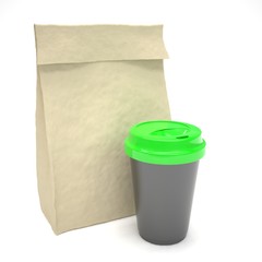 Coffee to go and lunch bag, on white.