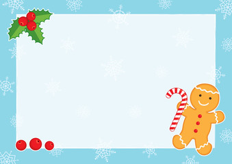 Vector Christmas background with blue frame, snowflakes, holly berries and gingerbread man. Place for text on a white background. Format A3/A4 horizontal, simple composition.