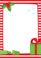 Vector Christmas illustration of a red and white striped frame with holly berries, green felt-tip pen and green gift box. Place for text on a white background. Format A3/A4, simple composition.