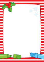 Vector Christmas illustration of a red and white striped frame with holly berries and two marker pens: light blue and green. Place for text on a white background. Format A3/A4, simple composition.