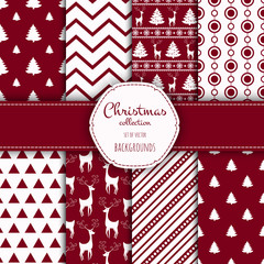 Fototapeta premium Set of seamless backgrounds with traditional symbols: snowflakes, pine tree,holly berry and suitable abstract patterns.