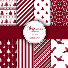 Set of seamless backgrounds with traditional symbols:  snowflakes, pine tree,holly berry and suitable abstract patterns.