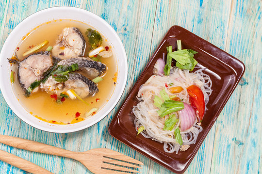 vermicelli spicy salad,and Tom yam fish ,Thai Food
