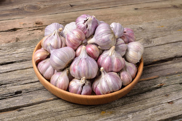 Garlic bulb in wooden plate on vintage wooden background