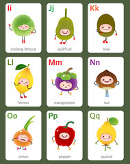 Printable flashcard English alphabet from I to Q with fruits and