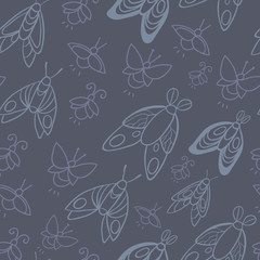 Night creatures seamless vector pattern with moths and fireflies. Hand drawn insects.