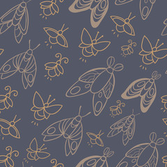 Night creatures seamless vector pattern with moths and fireflies. Hand drawn insects.