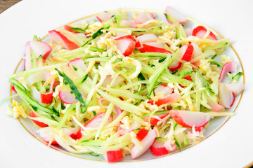 Dietary Salad with Crab Sticks, Cucumber and Cheese
