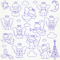 Collection of vector Christmas angels and ornaments in doodle st