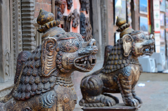 Tribal mythical lion statues in old town of Kathmandu, Nepal