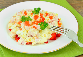 Salad with Ham, Peppers, Cheese, Red Caviar and Egg.