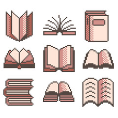 Pixel books for games icons vector set