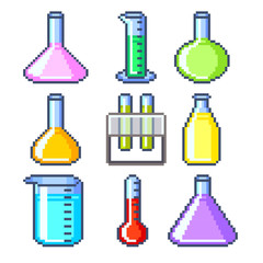 Pixel flasks and test tubes icons vector set